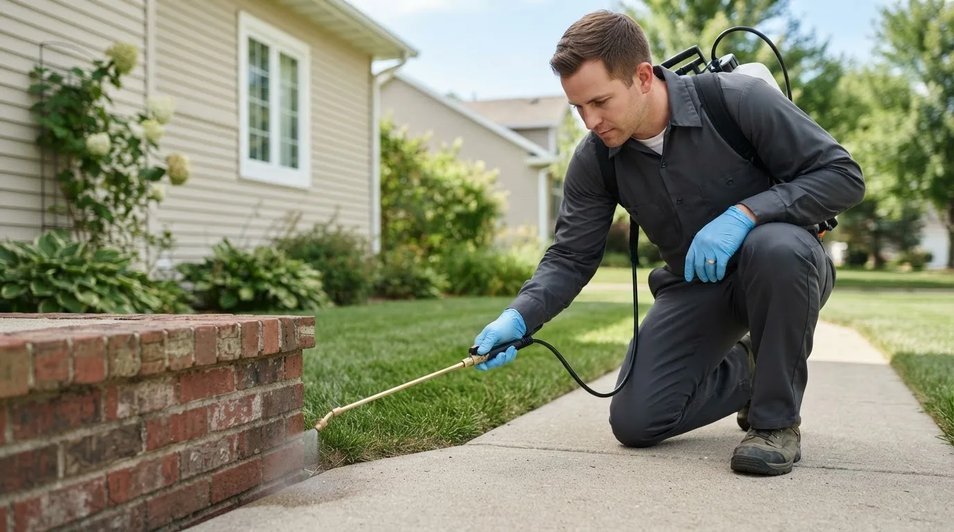 Pest control technician treating a home near Lowry, VA
